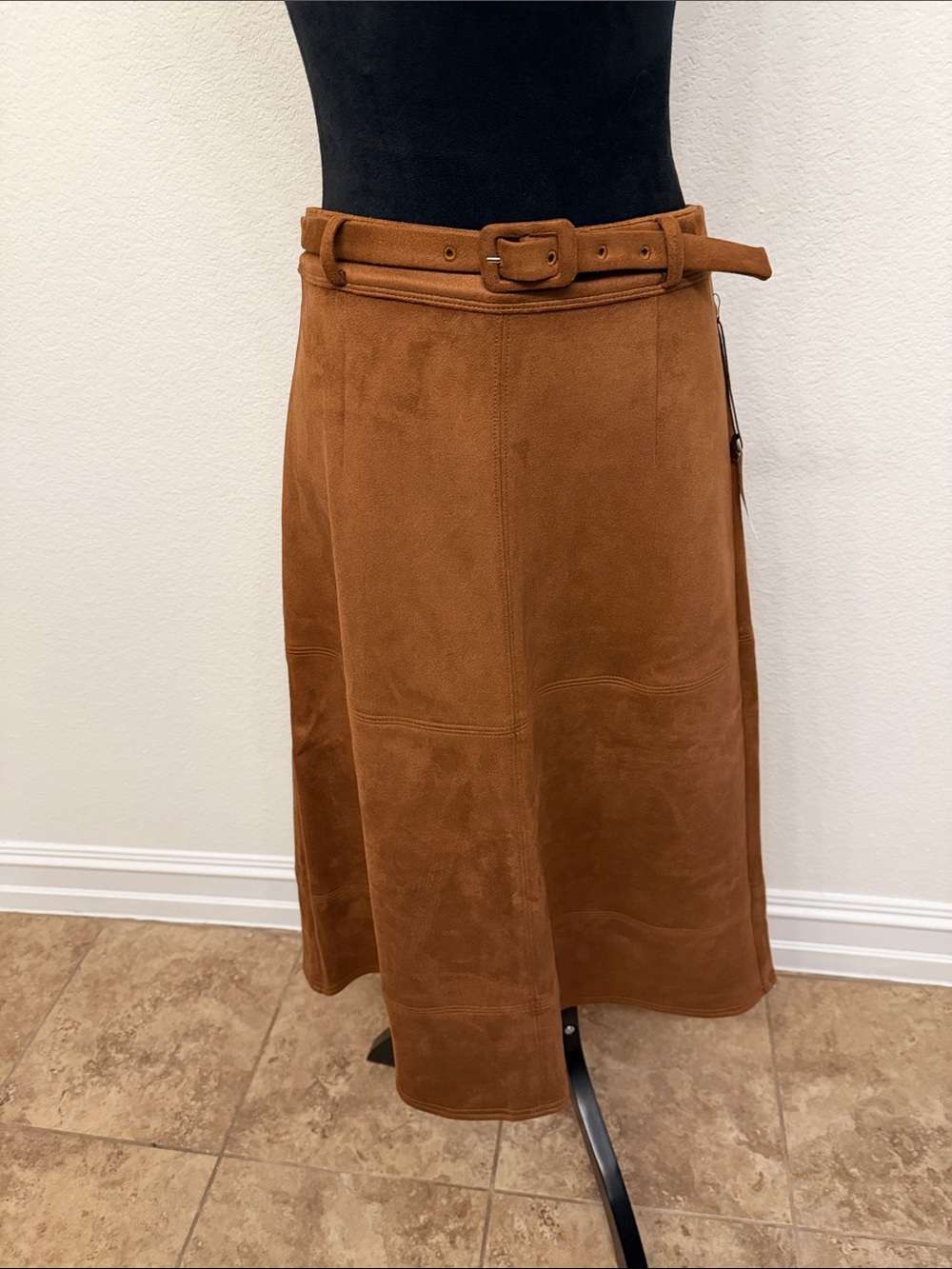 Ann Taylor Factory Suede Belted A-Line Midi Skirt in Cognac